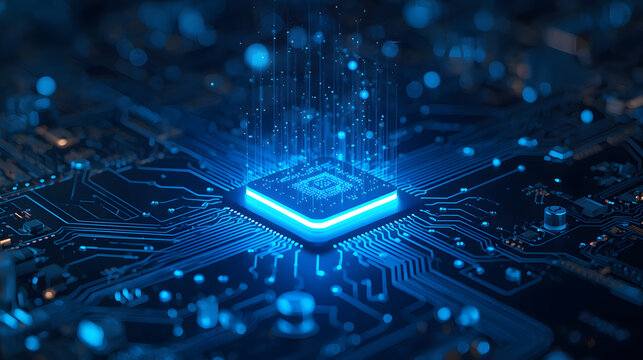 The electronic circuit board is the mainboard of computer technology housing the processor chip and semiconductor components for digital data and communication