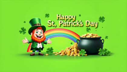 Happy leprechaun celebrating St. Patrick's Day with pot of gold  
