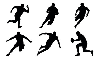 Athletic football players in action poses, sport silhouette set
