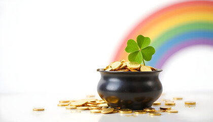 Black pot filled with gold coins and a green clover with rainbow background, Concept of St. Patrick's Day good luck and prosperity  
