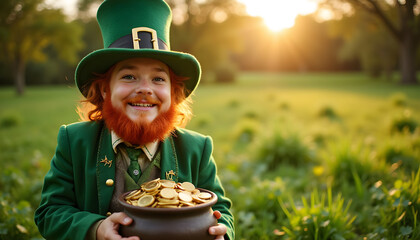 Boy dressed as a leprechaun holding pot of gold in green park at sunset  