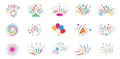 Colorful party fireworks, balloons and confetti celebration elements icon set