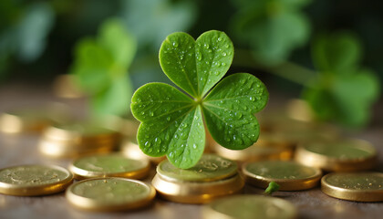 Green four-leaf clover standing on gold coins symbolizing prosperity  