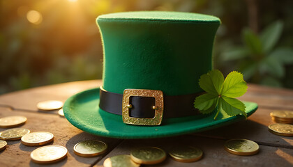 Green leprechaun hat with shamrock and gold coins for St. Patrick's Day  