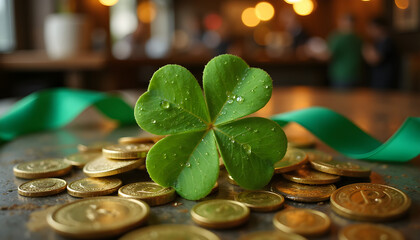 Four-leaf clover resting on gold coins with green ribbon background  