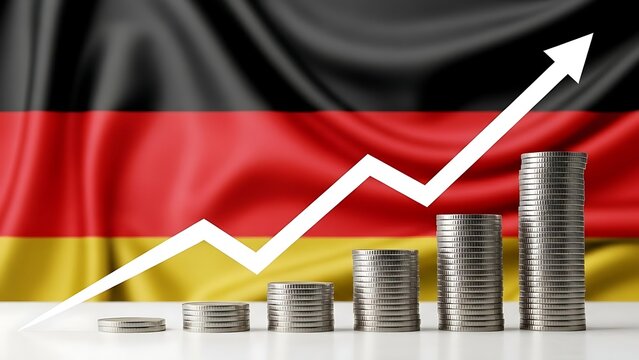 German economic growth soaring success illustrated with rising coins and arrow, perfect for financial news and investment opportunities