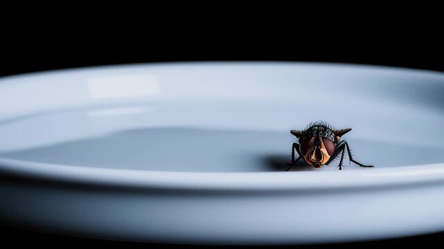 Macro shot of a housefly meticulously cleaning itself on the rim of a porcelain dish. The fly is systematically cleaning its legs by rubbing them against its compound eyes