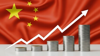 China's Economic Growth: Visualize the upward trend with stacked coins & a rising arrow against the backdrop of the Chinese flag, symbolizing financial success