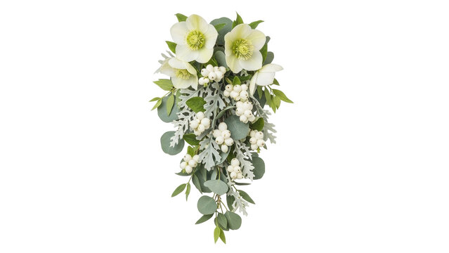 Isolated cascading hellebores arrangement creates floral accent with snowberries & eucalyptus