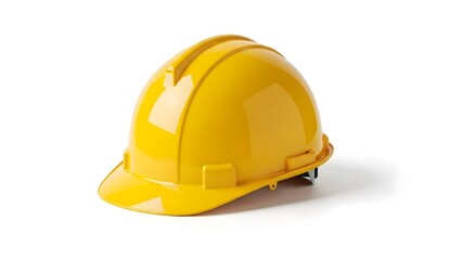 Fototapeta premium Essential bright yellow hard hat for workplace safety, representing crucial protection for construction workers and industrial professionals on a clean white background