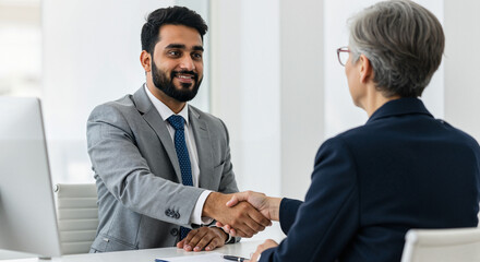 Male candidate shaking hands with interviewer in modern office