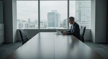 Elderly office worker alone using laptop at a conference table in city  