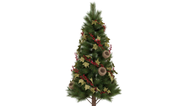 Isolated Christmas tree with golden maple leaves and red berries decorations and natural nests