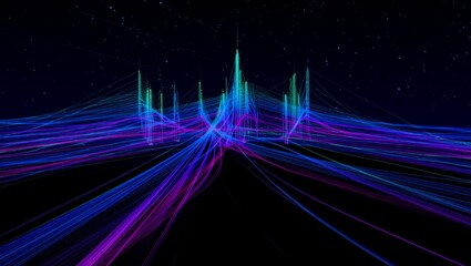 Abstract futuristic digital cityscape formed by glowing neon blue and magenta data lines connecting in a dark starry space background