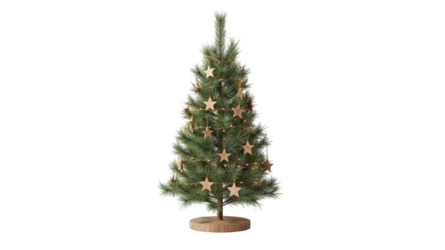 Isolated Christmas tree, decorated with star ornaments and string lights, on wood base