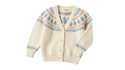 Isolated knitted cardigan, off-white wool knit, Nordic pattern on yoke and cuffs, long sleeve