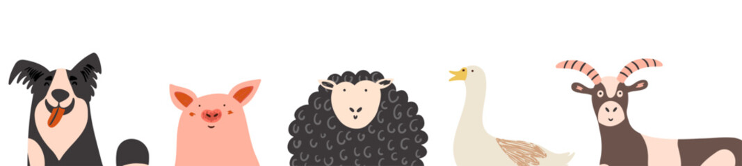 Cartoon farm animal banner. Happy Border Collie dog and cheerful pig, fluffy sheep and goose. Colorful vector design. Illustration for kids and children.