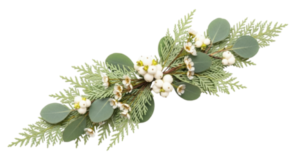 Isolated wintery garland floral arrangement of greenery, snowberries, and eucalyptus leaves
