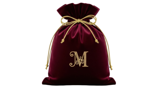 Isolated maroon velvet gift bag with gold letter M embroidery and braided cord tie design