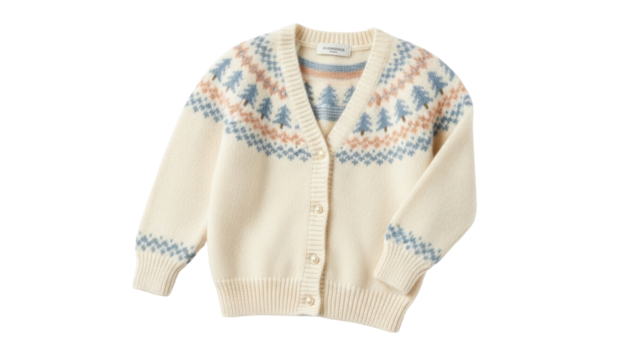 Isolated knitted cardigan, off-white wool knit, Nordic pattern on yoke and cuffs, long sleeve