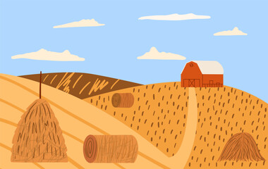 Autumnal farm panorama. Golden fields, hay bales and traditional stack, classic red barn.