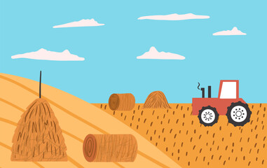 Harvest farm landscape. Golden agricultural fields with a red tractor, rolled hay bales, and a haystack.