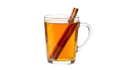 Isolated glass mug with golden tea and cinnamon sticks, hot spiced drink for autumn time