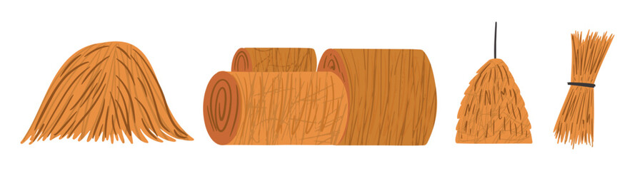 Harvest season hay and straw elements. Diverse farm set.