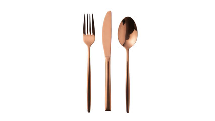 Isolated shiny rose gold knife, fork, and spoon on a seamless background, elegant setting