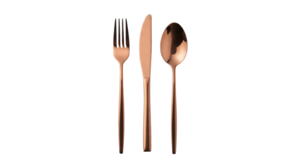 Isolated shiny rose gold knife, fork, and spoon on a seamless background, elegant setting