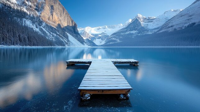 A wooden pier covered in snow extends into the calm, blue waters of Lake Louise, with snow-covered mountains and a clear blue sky in the background. The scene e