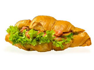 resh croissant sandwich red fish teriyaki sauce isolated on white background delicious pastry gourmet seafood lunch meal with copy space for banner design concept of bakery, restaurant, healthy eating