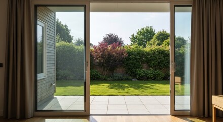 Fototapeta premium Sunlit patio visible through wide open sliding glass doors