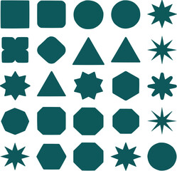 Collection of geometric shapes and stars in teal