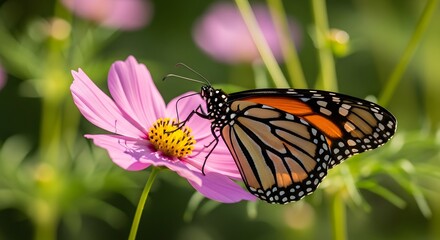 Obraz premium Monarch butterfly on pink cosmos flower with green foliage insect nature