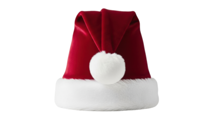 Isolated plush red and white Santa hat for Christmas holiday season celebrations, seasonal symbol