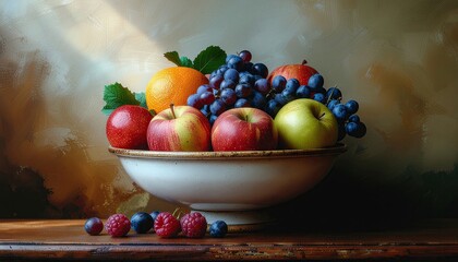 Still life fruit bowl filled with apples grapes and berries on a textured table with dramatic lighting