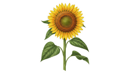 Obraz premium Isolated sunflower still life with green leaves on a stem and yellow petals on flower head