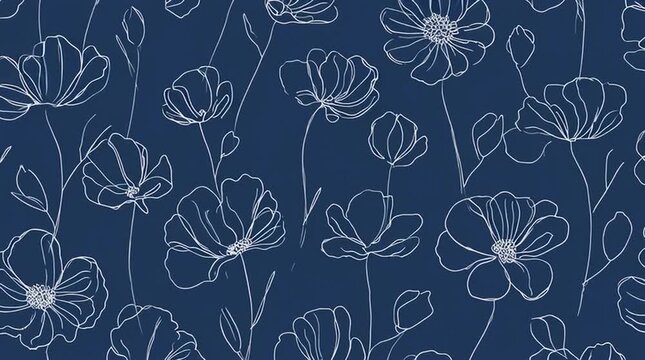 Elegant floral pattern with delicate outlines on a deep navy background, ideal for fabrics and wallpapers.