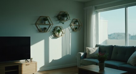 Sunny living room interior with plant shelves and sofa