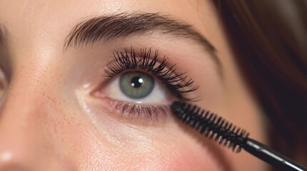 A close-up view of a woman applying mascara, showcasing beauty and makeup techniques for vibrant eyelashes and enhanced eyes.