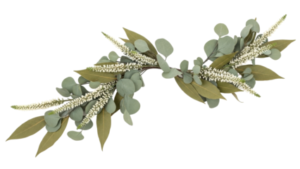 Isolated decorative garland of eucalyptus leaves and white flowers, elegant nature element