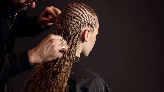 A hairstylist meticulously braiding a young girl's hair with intricate patterns, showcasing skill and creativity in hairdressing.