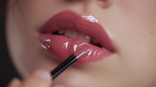 Close-up of glossy lips being applied with a brush, showcasing beauty and makeup technique for a captivating look.