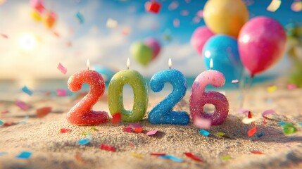 Happy new year 2026 celebration card with colorful background and party environment festive eve vibes cheerful viewpoint for holiday greetings