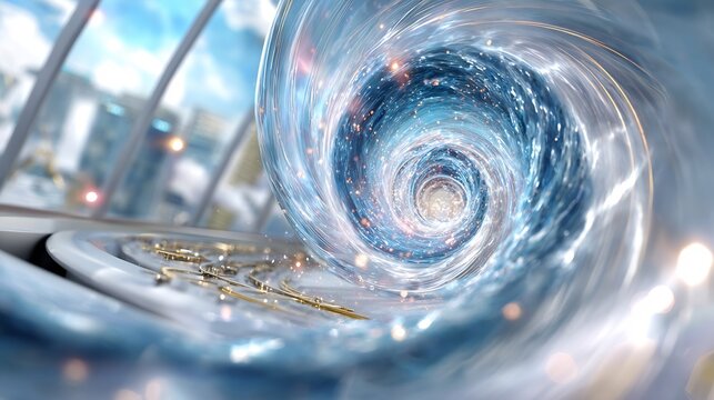 Chronos time vortex temporal data stream swirling light predictive analytics Business background featuring mesmerizing Chronos time vortex swirling transparent funnel of shimmering light temporal data