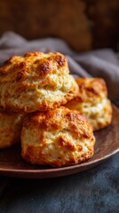 Golden-brown buttermilk biscuits stacked on rustic ceramic plate, showcasing flaky layers and crisp exterior with warm, inviting bakery lighting