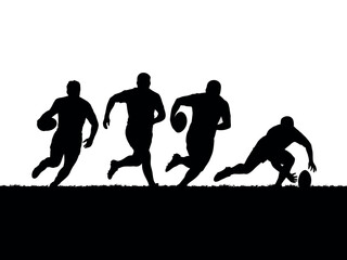 Silhouettes of rugby players in action against a white background, illustrating the sport's dynamic movements and competitive spirit.