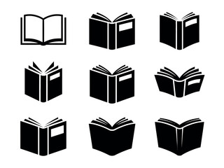 A collection of nine stylized icons representing open books in various arrangements and perspectives, symbolizing knowledge and learning.