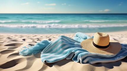 Obraz premium A serene beach scene featuring a straw hat and a blue striped towel resting on soft sand, with gentle waves in the background.
